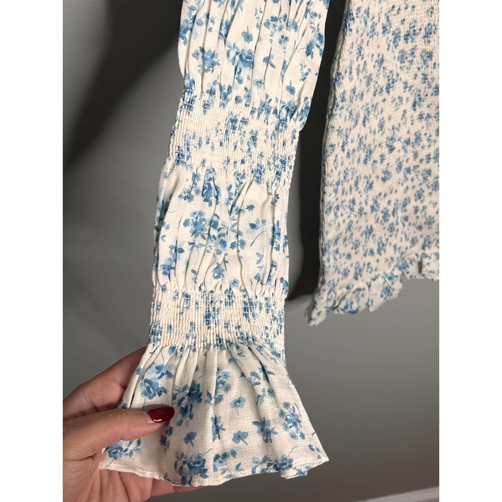 SAU LEE Betty Linen Blend Smocked Floral Mini Dress Blue/White Women's Size 8 - Picture 8 of 10